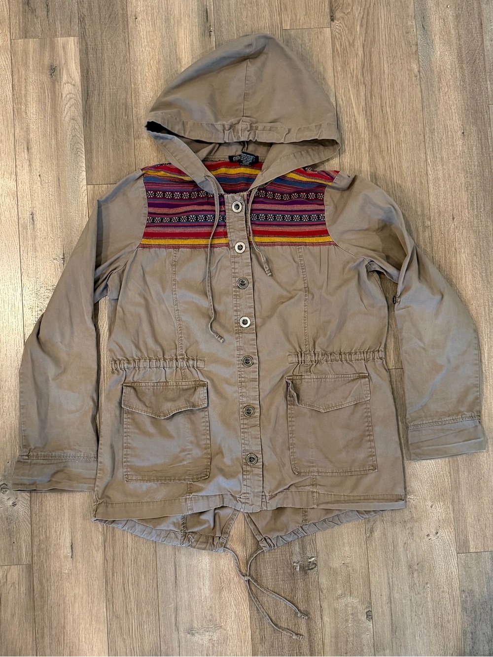 Stooshy Tan Hooded Utility Jacket with Multicolor Woven Yoke